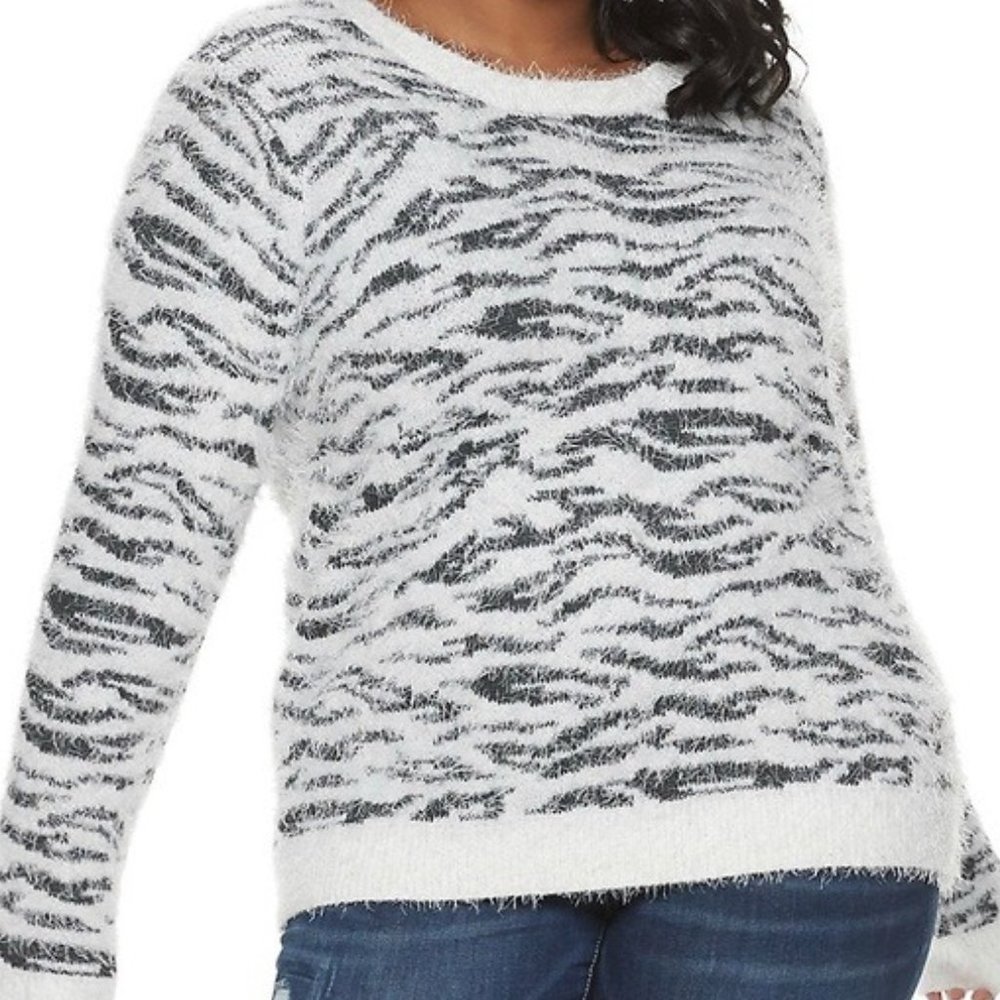 Mudd White and Black Fuzzy Zebra Crewneck Sweater